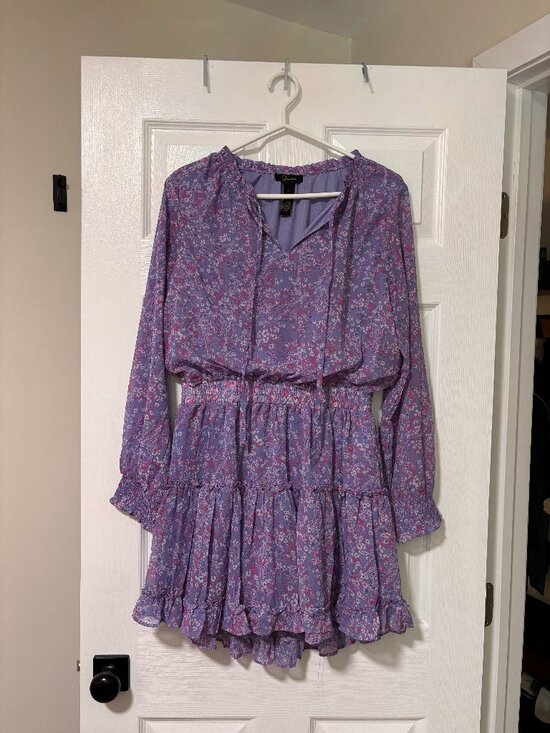 Japna Dresses & Skirts - Floral Long Sleeve Ruffle Mini Dress | Lavender Bohemian Dress (Large)